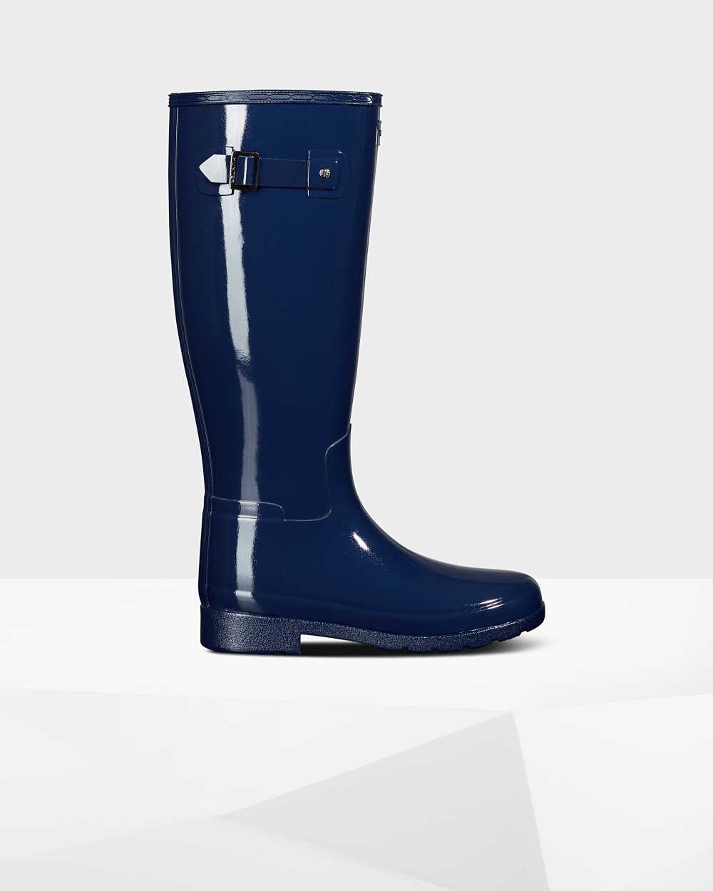 Womens Hunter Original Refined Tall Gloss Rain Boots Blue | DZATOJ-713